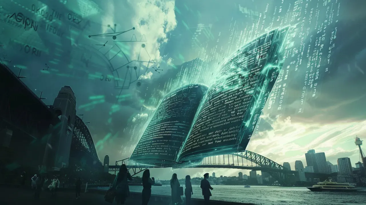 A glowing open book streaming digital code floats above Sydney Harbour and the Harbour Bridge at dusk.