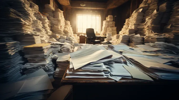 An office overflowing with towering, disordered stacks of paper around a desk, lit by a sunlit window.