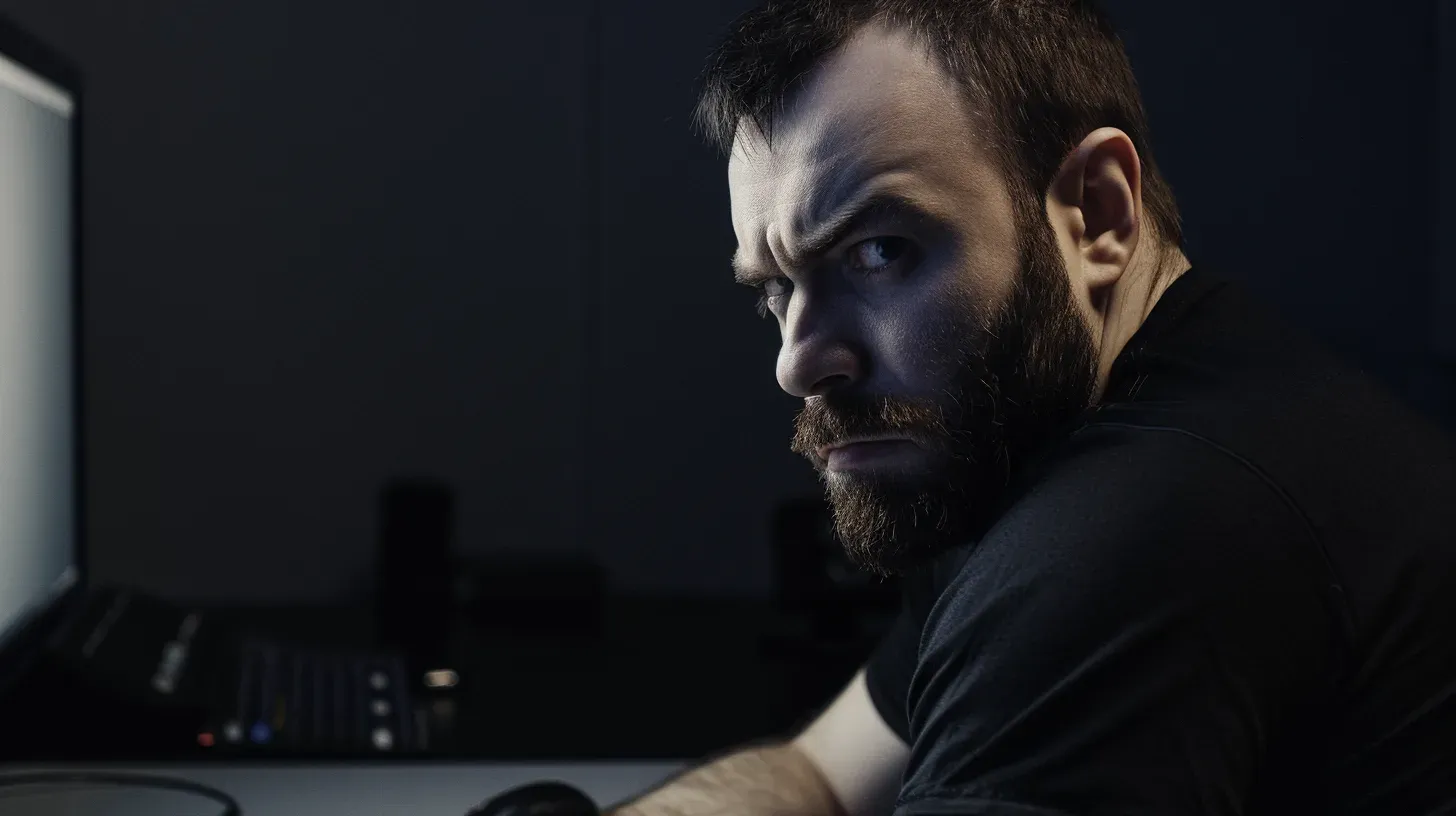 A bearded man in a dark room glares sideways with a scowl while sitting at his computer